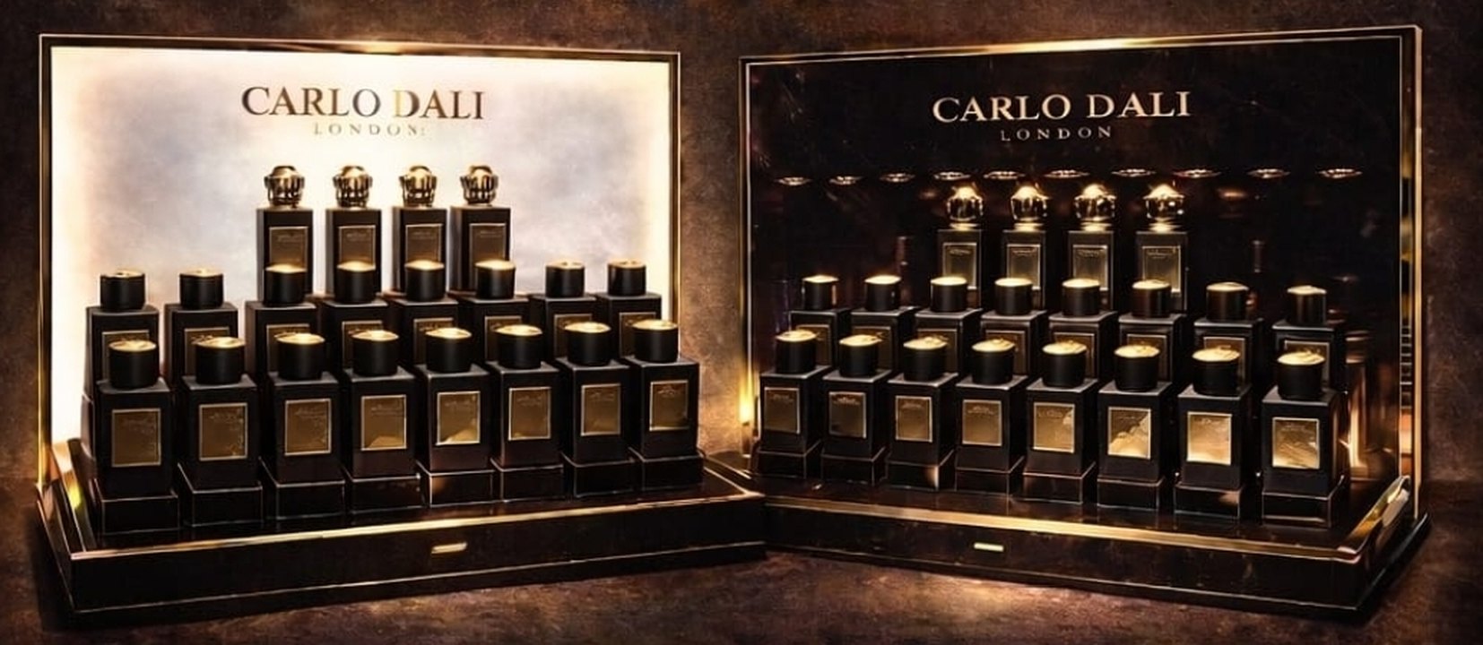 Two Carlo Dali Perfume Bar displays holding the twenty best-selling fragrances